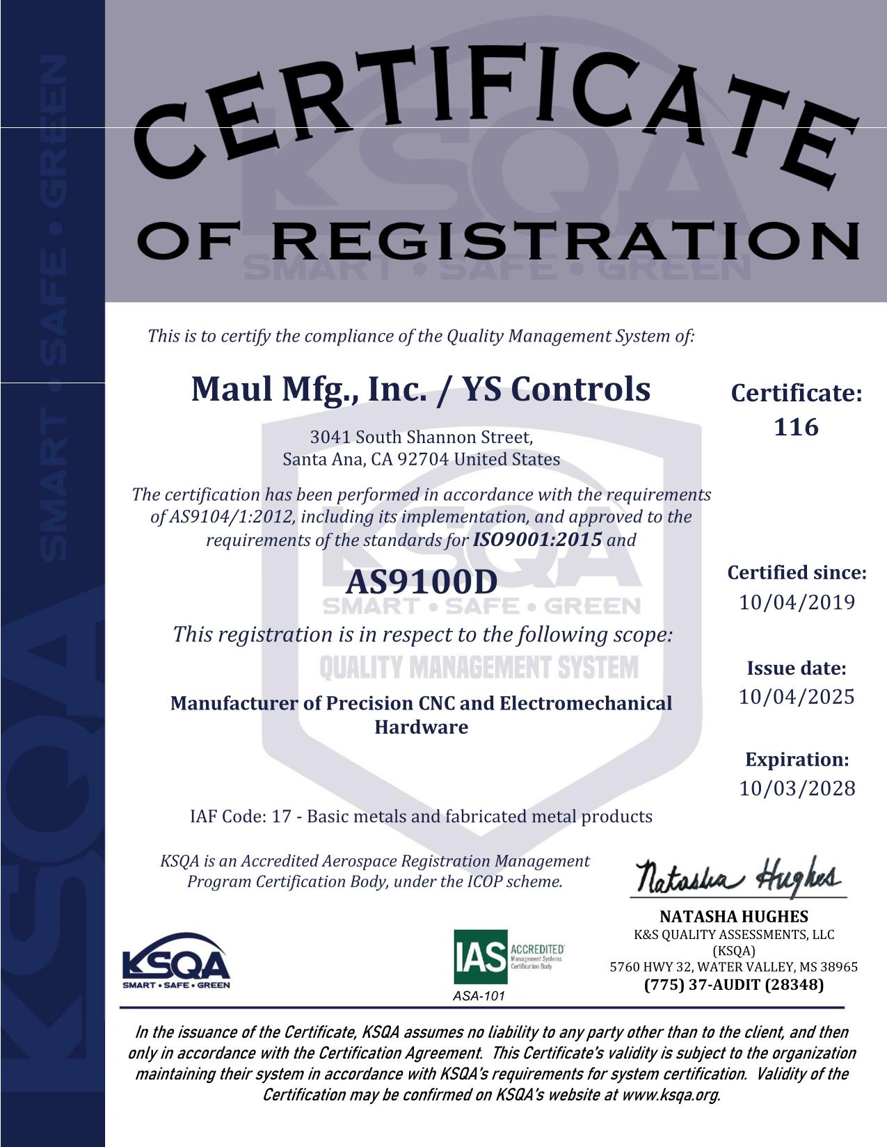 AS9100D ISO 9001:2015 Certificate